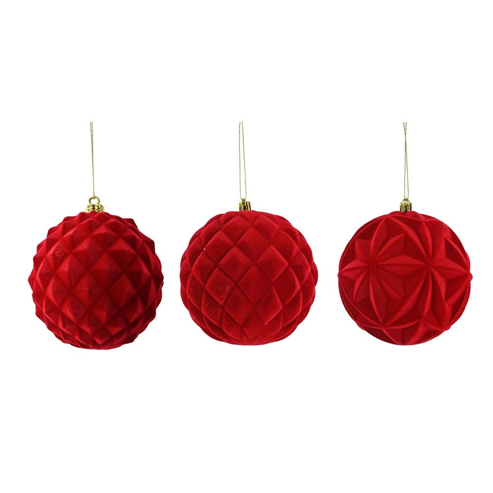 Festive Magic Red Flocked Embossed Christmas Bauble - 10cm, Assorted Designs
