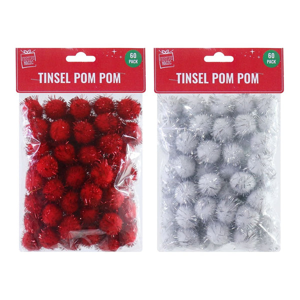 Festive Magic Tinsel Pom-Pom Craft Decorations - Pack of 60, Assorted Colours