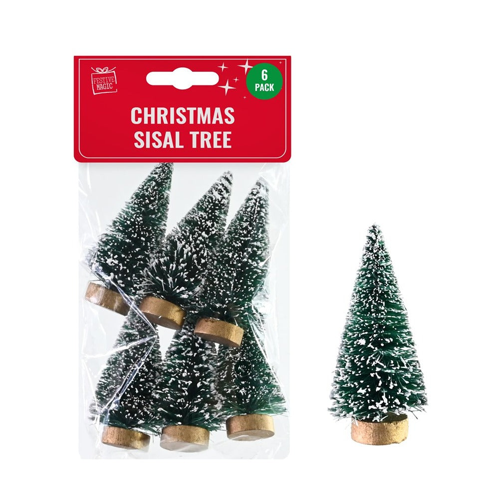 Festive Magic Snow-Frosted Miniature Sisal Christmas Trees - Pack of 6, 6.5cm