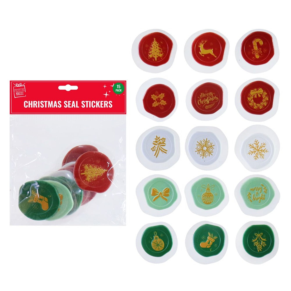 Festive Magic Faux Wax Seal Christmas Stickers - Pack of 15, Assorted Designs