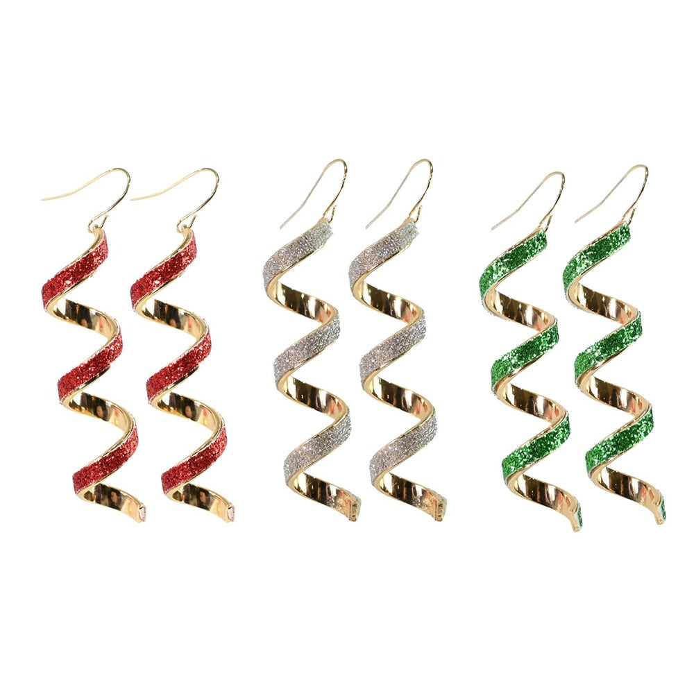 Festive Magic Glitter Spiral Drop Earrings - Assorted Christmas Colours