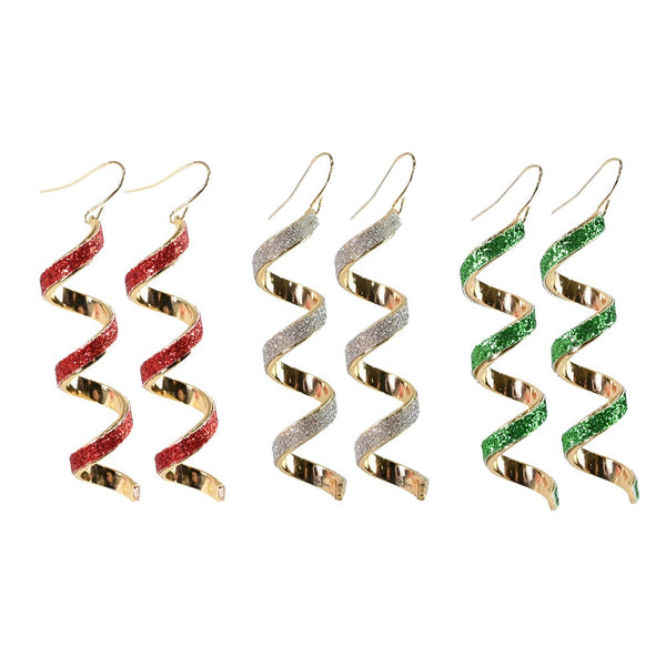 Festive Magic Glitter Spiral Drop Earrings - Assorted Christmas Colours