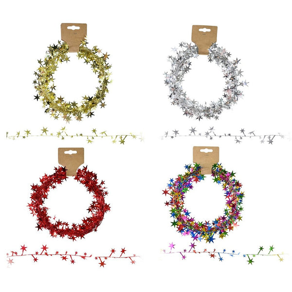 Festive Magic Metallic Star Wire Christmas Garland - 7.6m, Assorted Colours