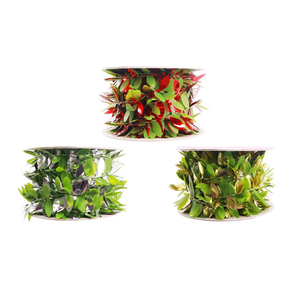 Festive Magic Metallic Holly Leaf Garland Ribbon - 5.4m, Assorted Colours