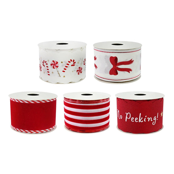Festive Magic Assorted Wired Christmas Ribbon - 50mm x 2.7m, Red Designs