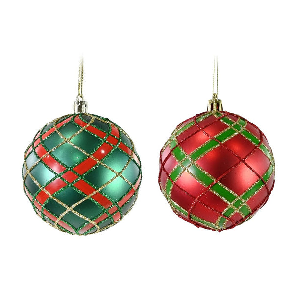 Festive Magic Assorted Tartan Christmas Bauble - 8cm, Red and Green