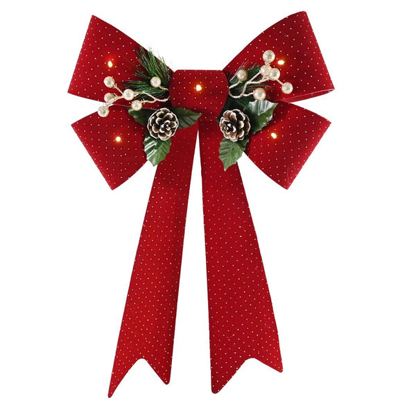 Festive Magic LED Flocked Diamante Christmas Bow - Burgundy, 38 x 56cm