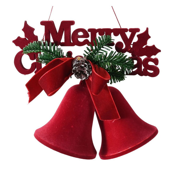 Festive Magic Flocked Twin Bell Christmas Hanging Decoration - Red Velvet Effect