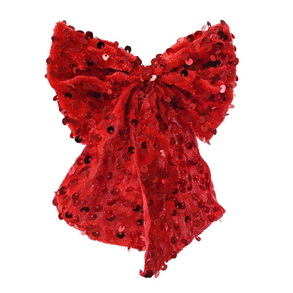 Festive Magic Red Velvet Sequin Bow Hair Clip - Layered Loops, Long Tails