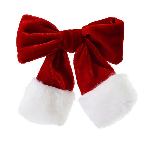 Festive Magic Red Velvet Christmas Bow Hair Clip - White Faux-Fur Trim