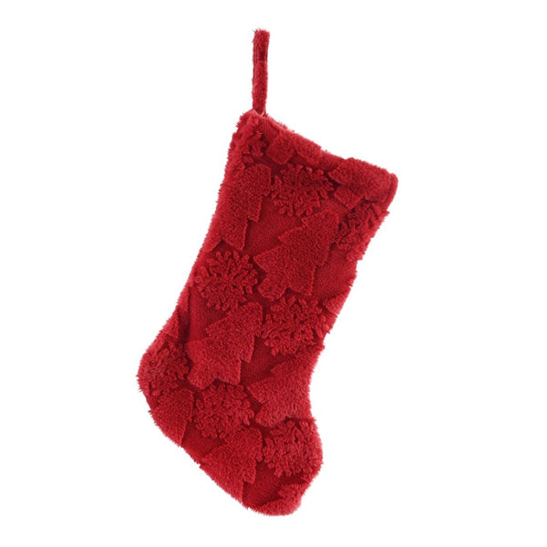 Festive Magic Embossed Tree and Snowflake Plush Christmas Stocking - Red
