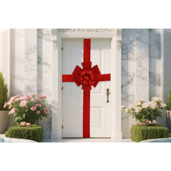 Festive Magic Velvet Door Bow and Sash Decoration - Red, Warm White LEDs