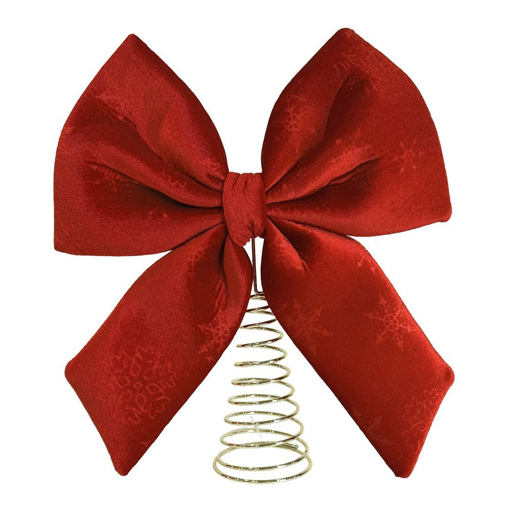 Festive Magic Velvet Bow Christmas Tree Topper - Red and Gold, Snowflake Pattern