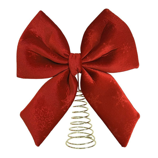 Festive Magic Velvet Bow Christmas Tree Topper - Red and Gold, Snowflake Pattern