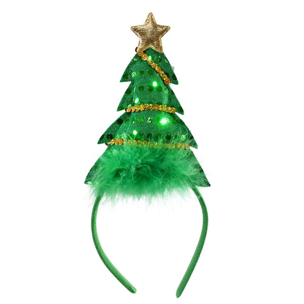Festive Magic Flashing Christmas Tree Headband - White Lights, Sequins