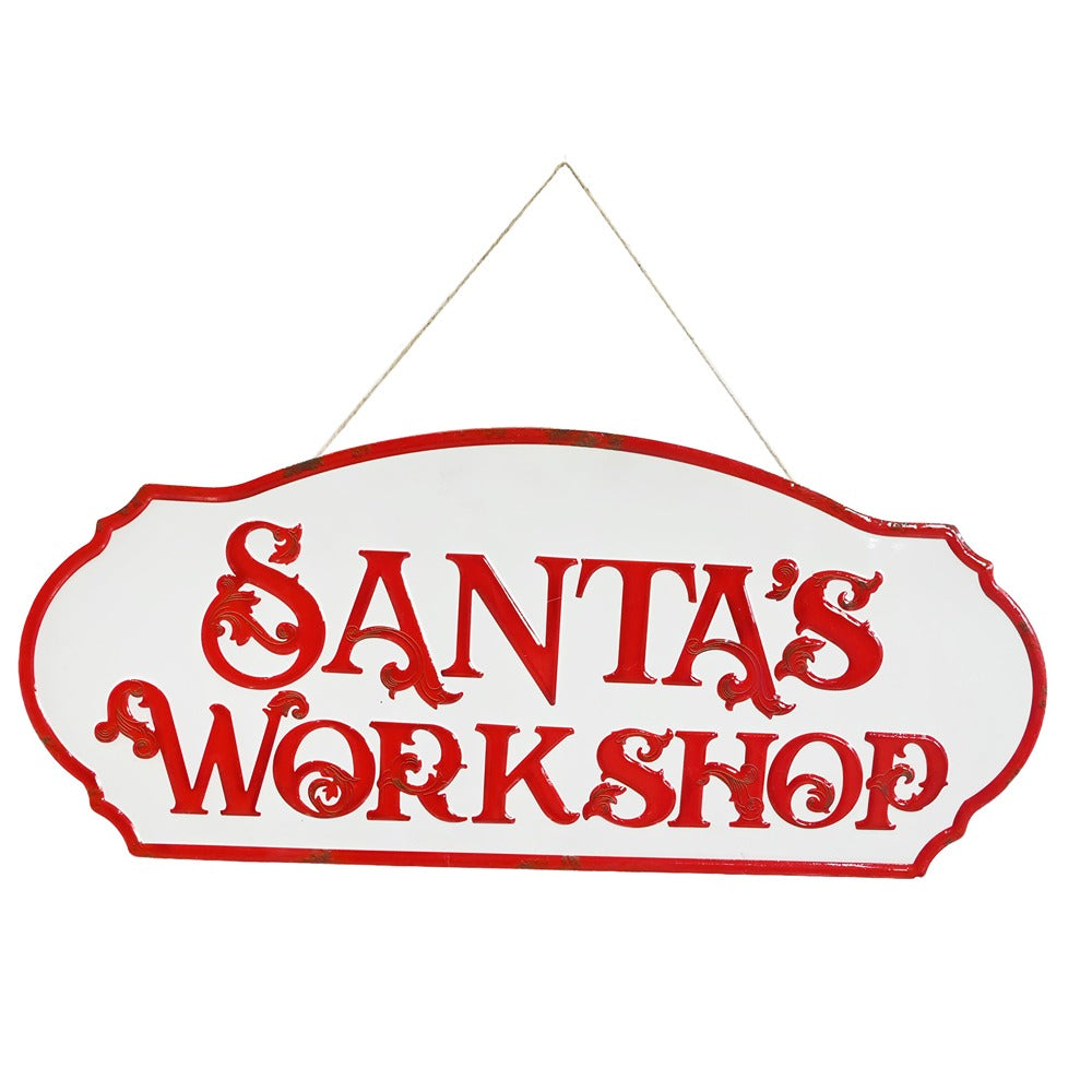 Festive Magic Santa’s Workshop Hanging Metal Sign - Red and White, 76 x 33cm