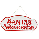 Festive Magic Santa’s Workshop Hanging Metal Sign - Red and White, 76 x 33cm