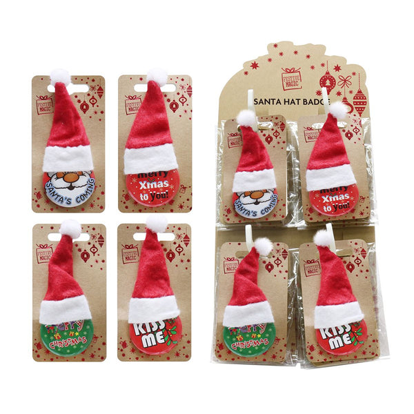 Santa Hat Metal Badge Assorted Designs | 4 Designs, Velveteen Hat