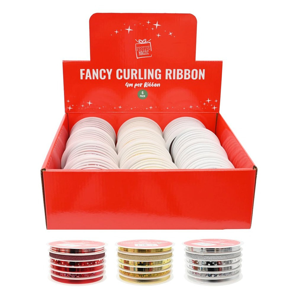 Festive Magic Curling Gift Ribbon - Pack of 6, Assorted Colours and Designs