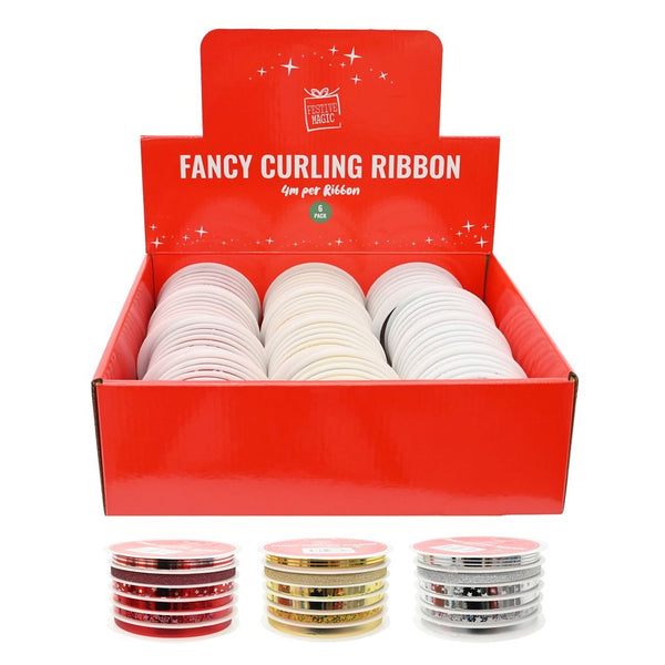Festive Magic Curling Gift Ribbon - Pack of 6, Assorted Colours and Designs