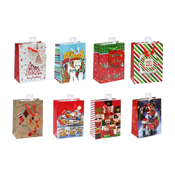 Christmas Gift Bags Small Assorted Designs | Double Sided Printed, Red Ribbon