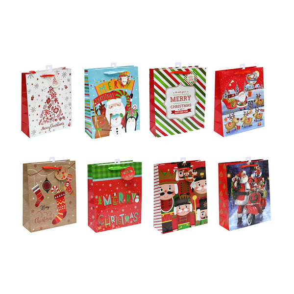 Christmas Gift Bag Large Mega Mix | 8 Assorted Designs, Red Ribbon Handle