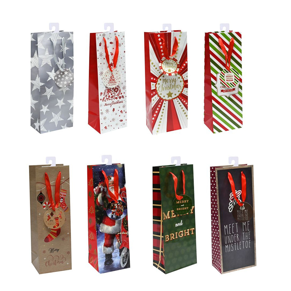 Christmas Bottle Gift Bags | Assorted Designs, Red Ribbon Handles
