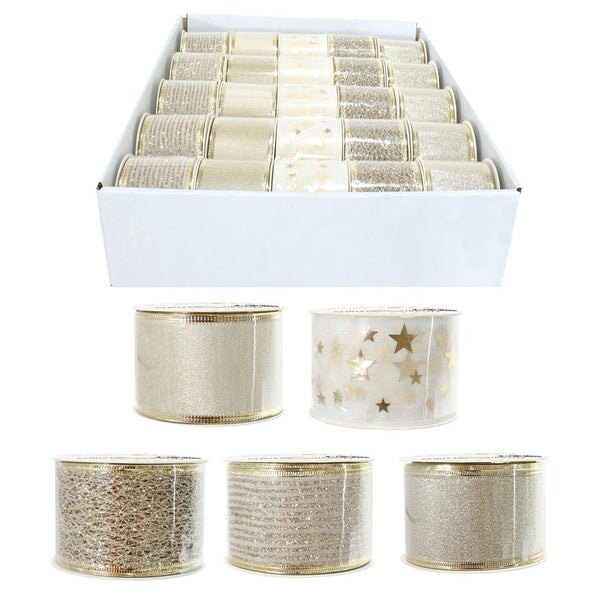 Ribbon 50mm x 2.7m Champagne | Assorted Designs, Metallic Wire Edges