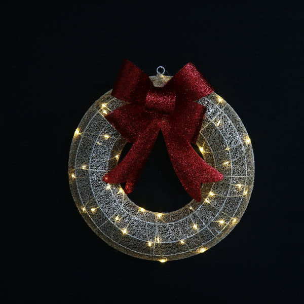 Festive Magic LED Glitter Mesh Christmas Wreath - Gold and Silver with Red Bow