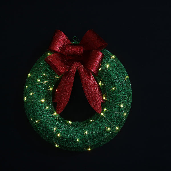 Festive Magic Glitter Christmas Wreath with Red Bow - Warm White LED Lights