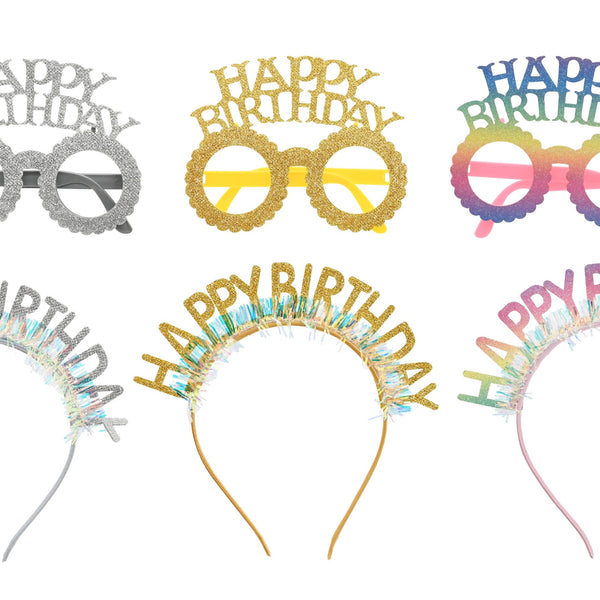 Party Birthday Headband & Glasses Set - Assorted Designs - Set of 3