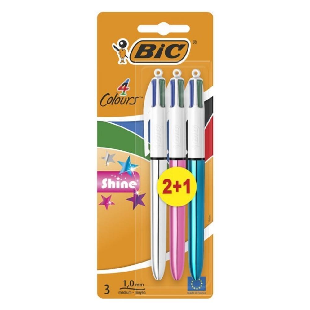 Bic 4 Colours Shine Retractable Ballpoint Pen | Pack Of 3 - Choice Stores