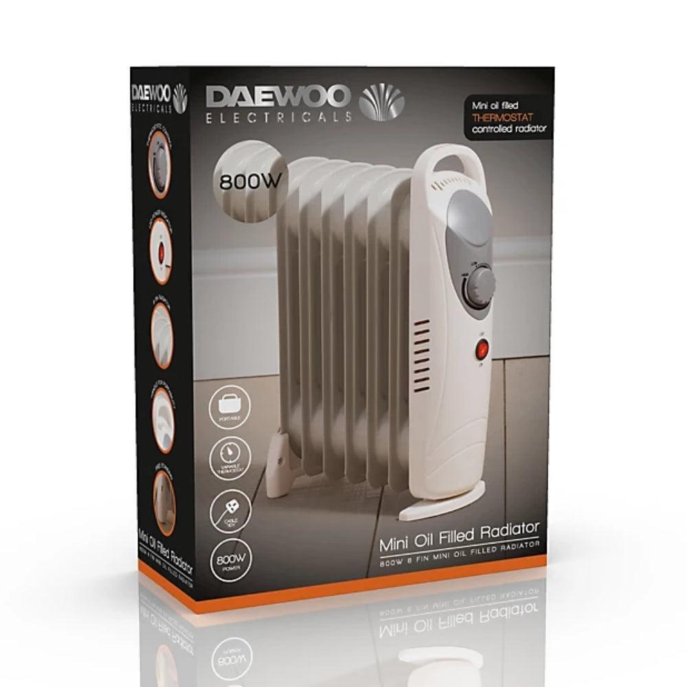 Daewoo Mini Oil Filled Portable Radiator | 6 Fin White Heater | 800W - Choice Stores