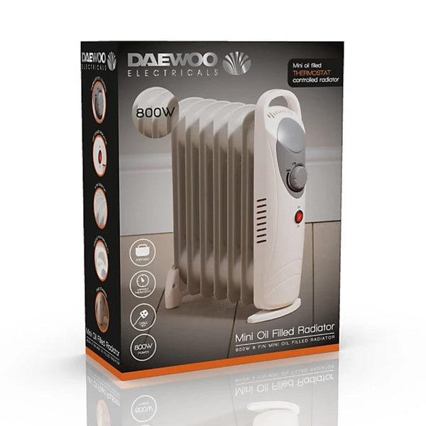 Daewoo Mini Oil Filled Portable Radiator | 6 Fin White Heater | 800W - Choice Stores