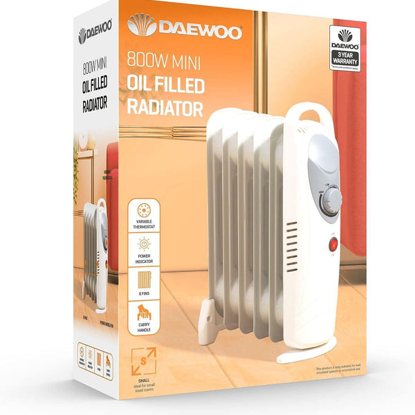 Daewoo Mini Oil Filled Portable Radiator | 6 Fin White Heater | 800W - Choice Stores