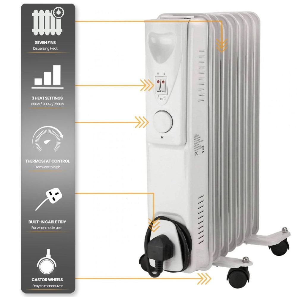 Daewoo Mini Oil Filled Radiator | 7 Fin White Heater | 1500W - Choice Stores