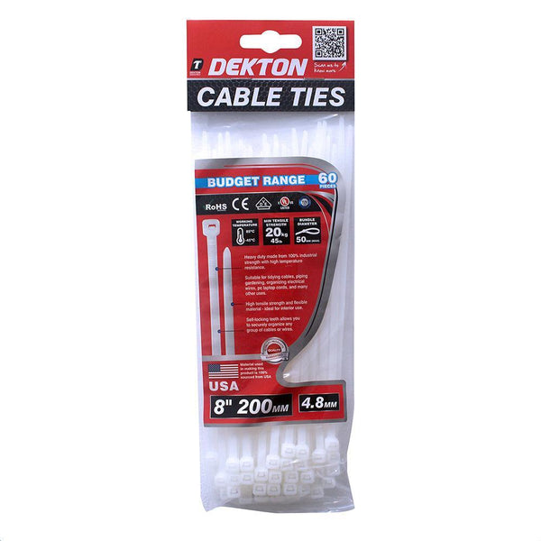 Dekton 4.8 mm x 200 mm White Cable Ties | Pack of 60 - Choice Stores