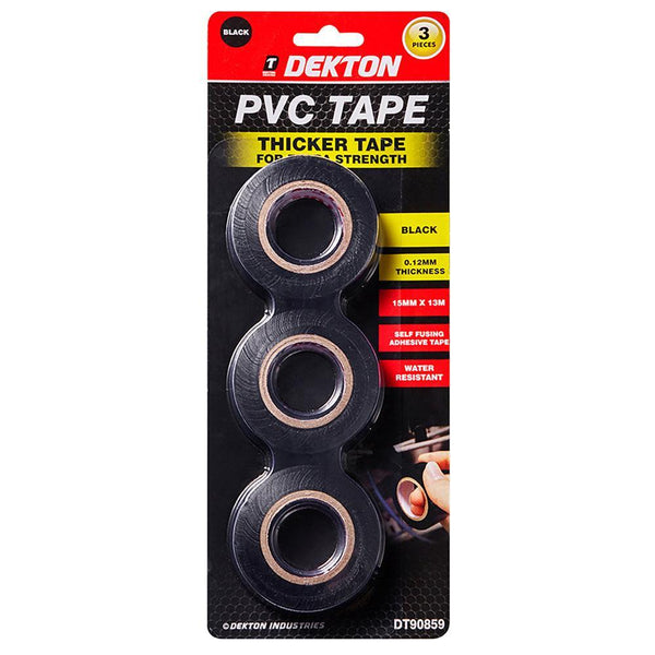 Dekton Black PVC Tape 0.12 mm Thick | 15 mm x 13 m| Pack of 3 - Choice Stores