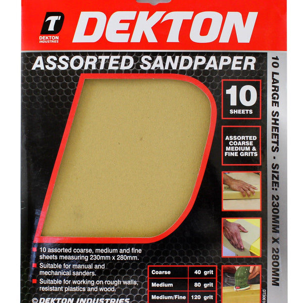 Dekton | Assorted Sandpaper Sheets 10 Pack (Coarse, Medium, Medium/Fine) DT30610 - Choice Stores