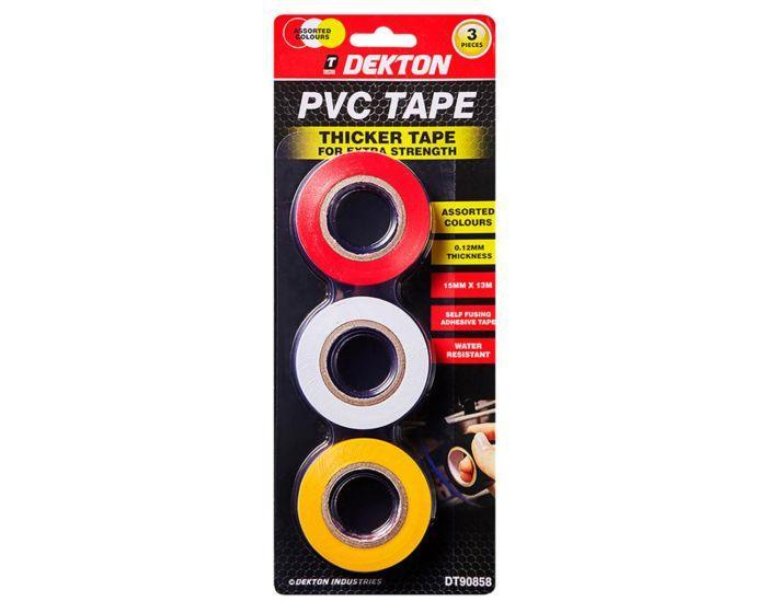Dekton PVC 15mm X 13mtr Tape 3 Piece Set (Yellow, Red &amp; White) - Choice Stores