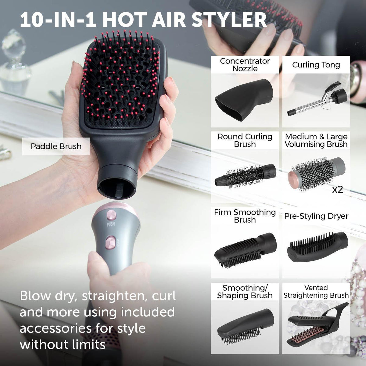 Experta 10 in 1 Hot Air Styling Brush Grey with Pink | C81092BF - Choice Stores