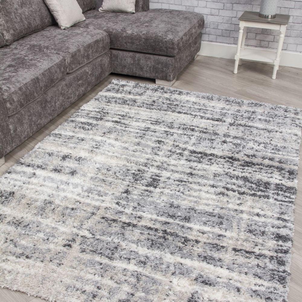 Fantasy Shimmer Grey Cream Shaggy Rug | Abstract Design - Choice Stores
