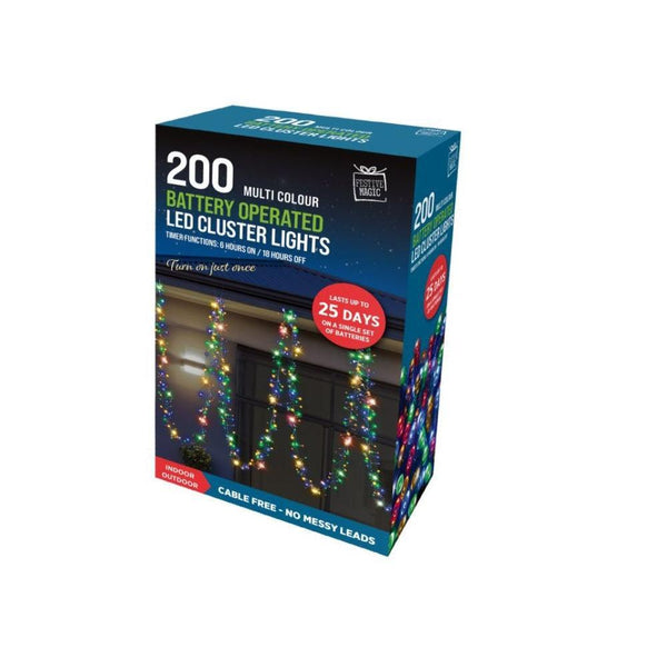 Festive Magic 200 Multicoloured Battery Powered LED Cluster Christmas Lights | 8 Functions - Choice Stores