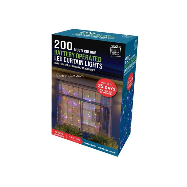 Festive Magic 200 Multicoloured Battery Powered LED Curtain Christmas Lights | 8 Functions - Choice Stores