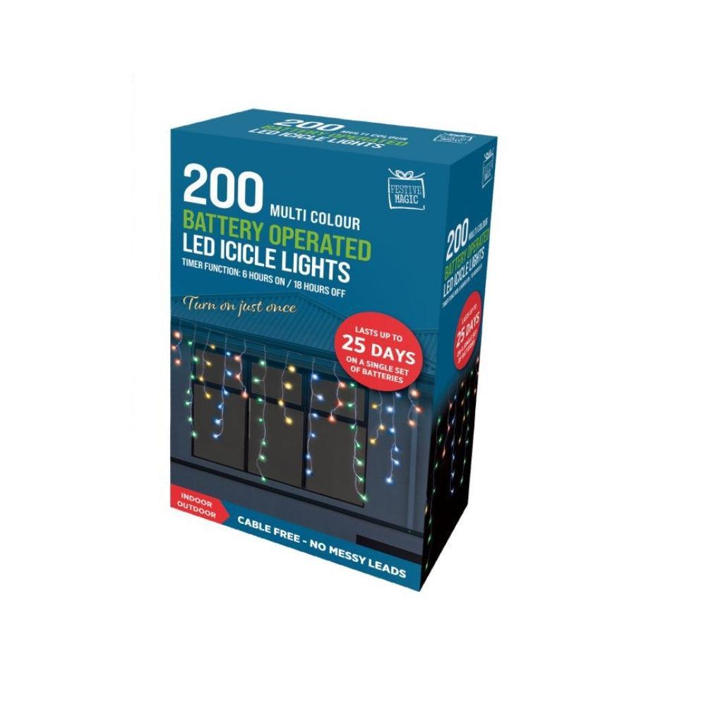 Festive Magic 200 Multicoloured Battery Powered LED Icicle Christmas Lights | 8 Functions - Choice Stores