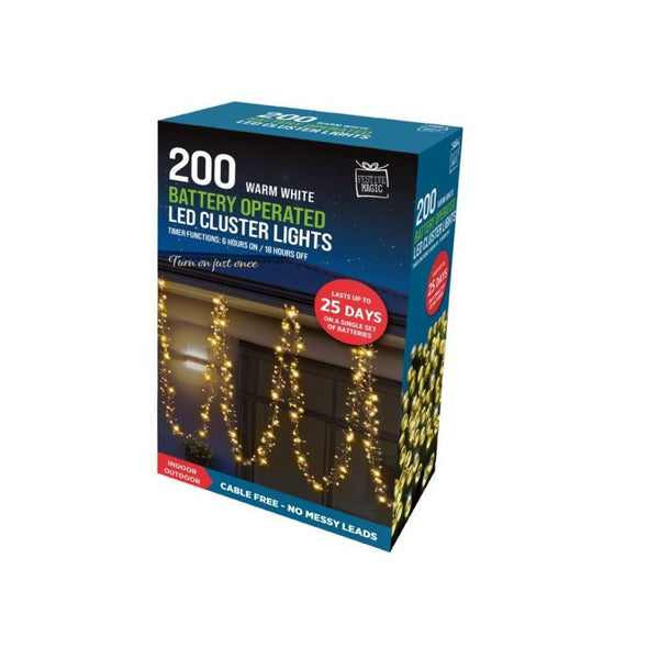 Festive Magic 200 Warm White Battery Powered LED Cluster Christmas Lights | 8 Functions - Choice Stores