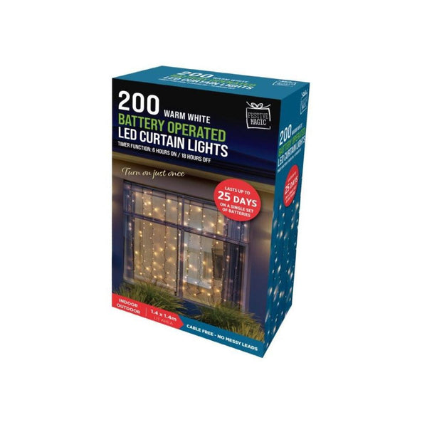 Festive Magic 200 Warm White Battery Powered LED Curtain Christmas Lights | 8 Functions - Choice Stores
