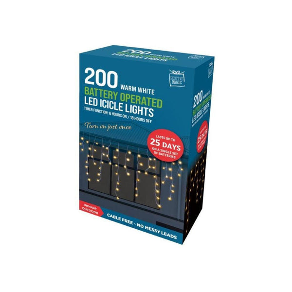 Festive Magic 200 Warm White Battery Powered LED Icicle Christmas Lights | 8 Functions - Choice Stores