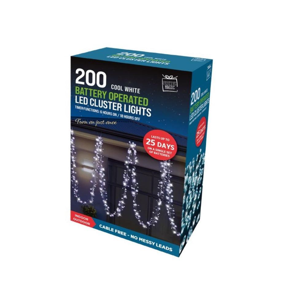 Festive Magic 200 White Battery Powered LED Cluster Christmas Lights | 8 Functions - Choice Stores