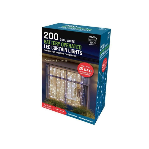 Festive Magic 200 White Battery Powered LED Curtain Christmas Lights | 8 Functions - Choice Stores